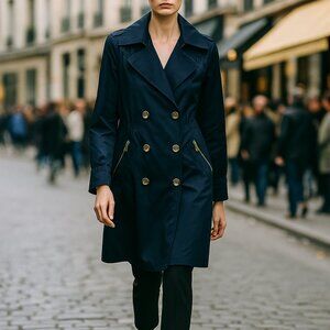 Karl Lagerfeld Paris Coat Womens XL Navy Hooded Double Breasted Trench Pockets